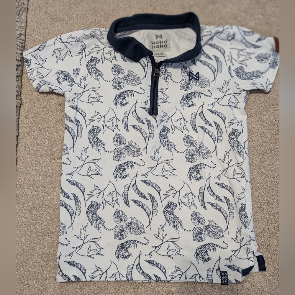 Kids Koko Noko White and Blue Leaf Print Polo Shirt/ Boys 6